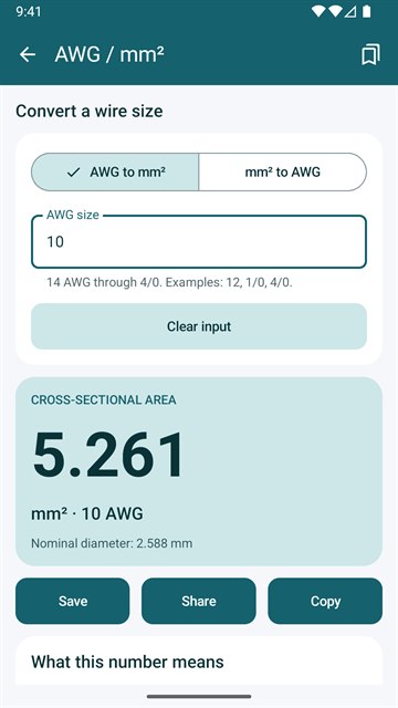 AWG to mm² converter showing 10 AWG as 5.261 mm² with a nominal diameter of 2.588 mm