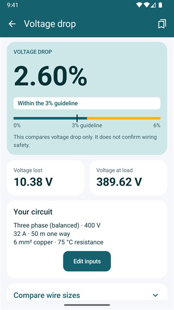 Metric result for 400 V three phase, 32 A, 50 m and 6 mm²: 2.60% drop, 10.38 V lost and 389.62 V at the load