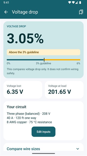 App screen showing a 3.05% voltage drop, 6.35 V lost and 201.65 V at the load for a 208 V three phase circuit